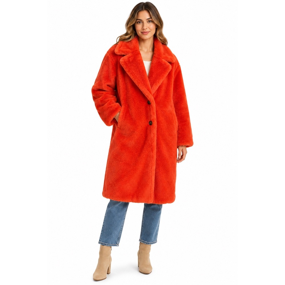 Steve Madden Neon Coral Faux Fur Coat Longline Jacket BM400552 XS NWT